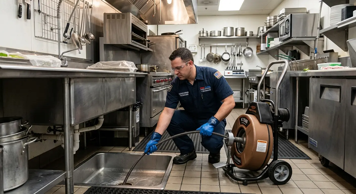 Commercial drain cleaning service in a restaurant kitchen in Schenectady