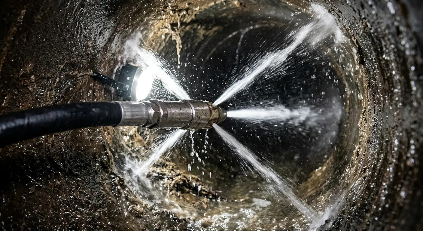 High-pressure hydro jetting nozzle cleaning sewer pipe for Trenchless Sewer Repair in Schenectady