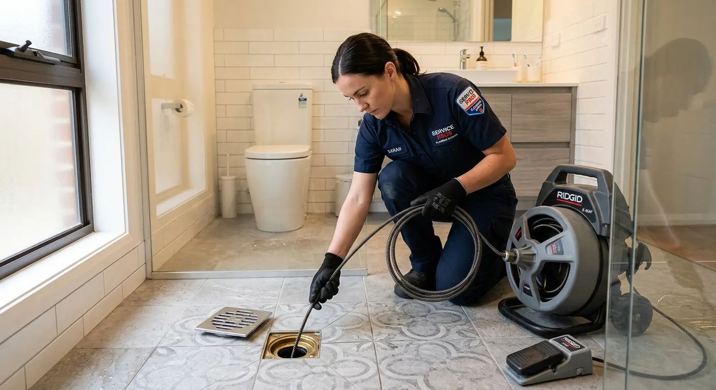 Technician clearing a bathroom floor drain for Sewer Line Replacement in Schenectady